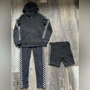 3-pc girls size 7 Black with white hearts So Softest hoodie, pants, & shorts set
